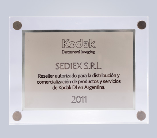 Placa de Reseller autorizado para la distribución y comercialización de productos y servicios de Kodak DI en Argentina